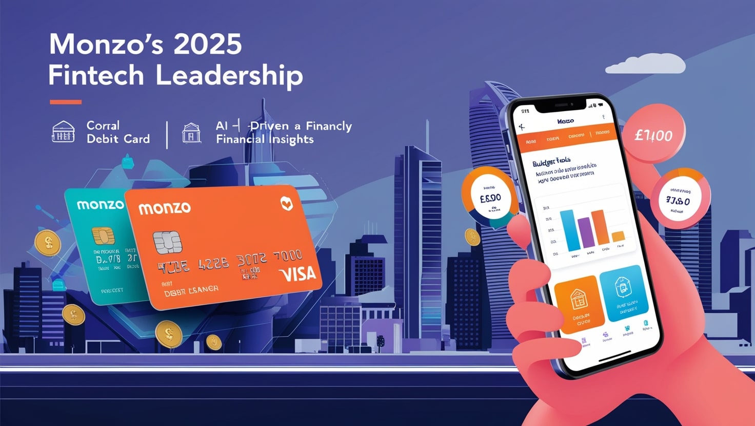 A vibrant digital illustration of Monzo’s coral-colored debit card and mobile app interface, showcasing budgeting tools and financial insights on a smartphone screen, set against a modern UK cityscape.