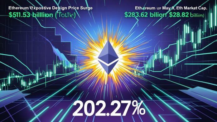 A vibrant digital illustration of the Ethereum logo glowing against a dynamic chart with upward-trending lines, symbolizing a 20.27% price surge, set against a futuristic blockchain-inspired background.