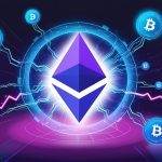 A futuristic digital artwork depicting a glowing Ethereum logo rising above a blockchain network, with interconnected nodes and vibrant blue hues symbolizing innovation and growth.