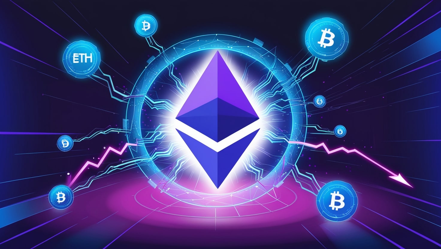 A futuristic digital artwork depicting a glowing Ethereum logo rising above a blockchain network, with interconnected nodes and vibrant blue hues symbolizing innovation and growth.