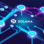 A digital illustration of Solana’s blockchain network, depicted as interconnected nodes glowing in vibrant blue and purple hues against a dark background, symbolizing speed and scalability.