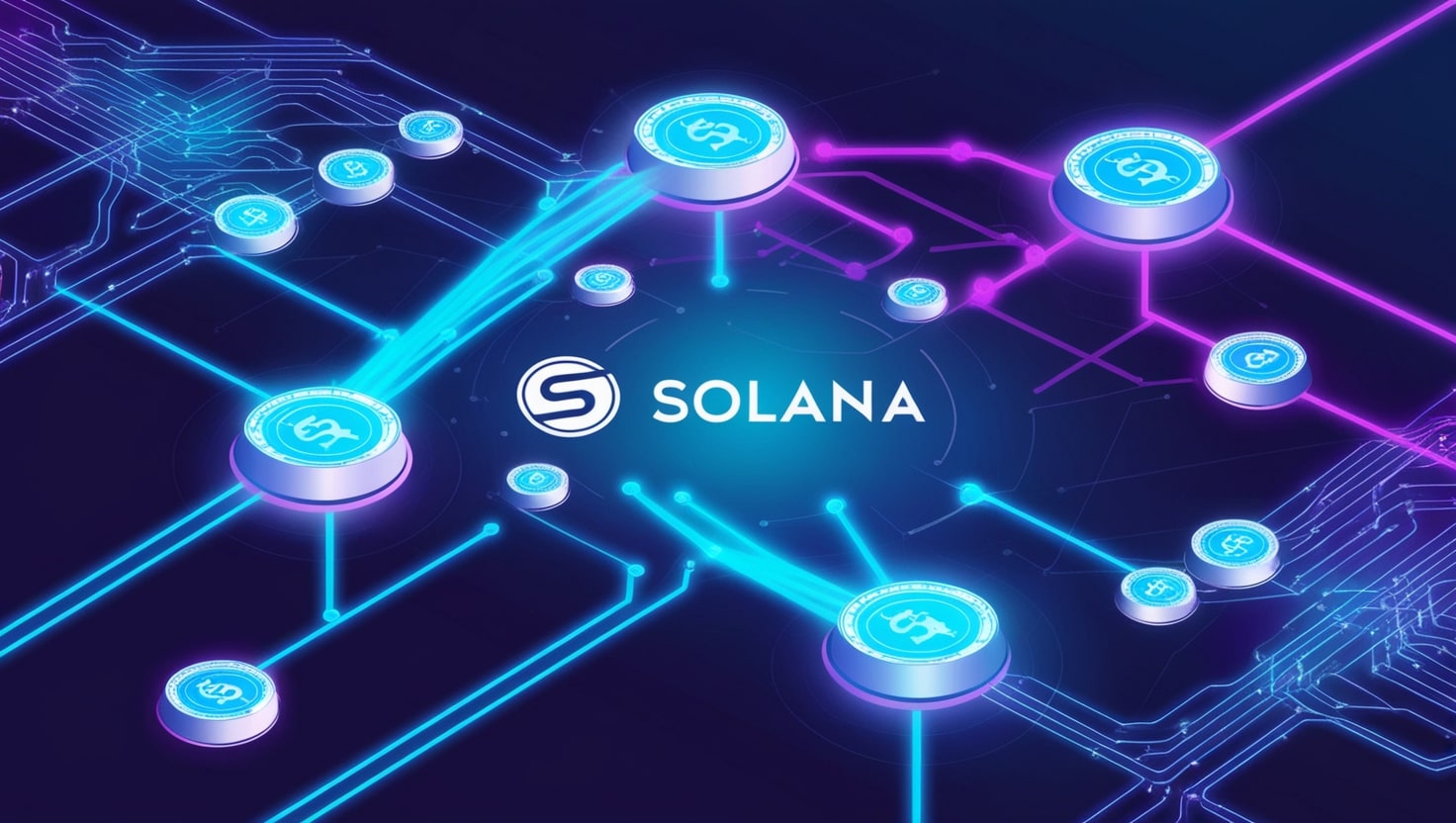 A digital illustration of Solana’s blockchain network, depicted as interconnected nodes glowing in vibrant blue and purple hues against a dark background, symbolizing speed and scalability.