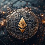 A vibrant digital illustration of the Ethereum logo, glowing in blue and white, set against a futuristic network of interconnected nodes and lines, symbolizing blockchain technology.