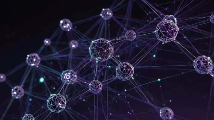 Digital artwork of SUI’s blockchain network, featuring interconnected nodes and glowing SUI tokens against a sleek, tech-inspired purple background.