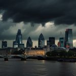 A cityscape of London’s financial district with dark clouds overhead, symbolizing economic uncertainty in the UK.