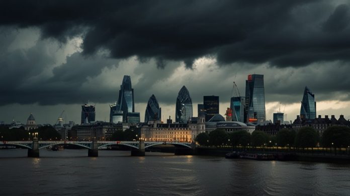 A cityscape of London’s financial district with dark clouds overhead, symbolizing economic uncertainty in the UK.