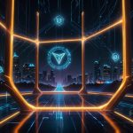 Digital illustration of TRON's blockchain network, showing interconnected nodes and glowing TRX tokens against a futuristic blue backdrop.