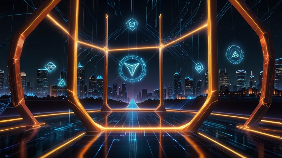 Digital illustration of TRON's blockchain network, showing interconnected nodes and glowing TRX tokens against a futuristic blue backdrop.
