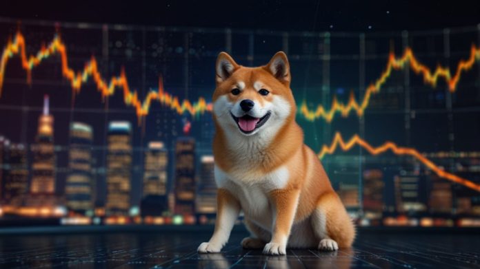 Digital illustration of a Shiba Inu dog with a glowing cryptocurrency coin backdrop, symbolizing SHIB’s market activity.