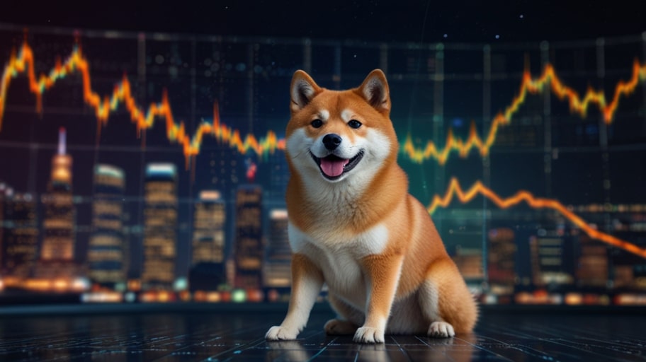 Digital illustration of a Shiba Inu dog with a glowing cryptocurrency coin backdrop, symbolizing SHIB’s market activity.