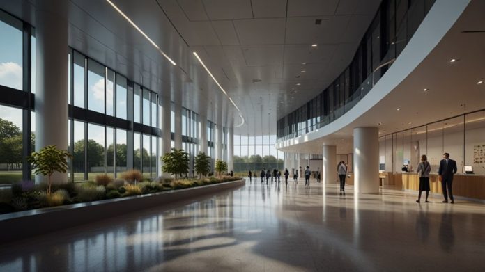Modern glass building of AstraZeneca’s new research hub in Cambridge, UK, surrounded by greenery, symbolizing innovation in biotechnology.