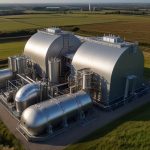 Digital rendering of a Rolls-Royce small modular reactor facility, showcasing compact nuclear technology against a backdrop of modern industrial design.