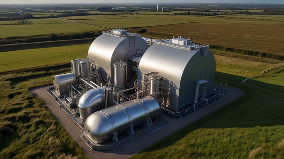 Digital rendering of a Rolls-Royce small modular reactor facility, showcasing compact nuclear technology against a backdrop of modern industrial design.