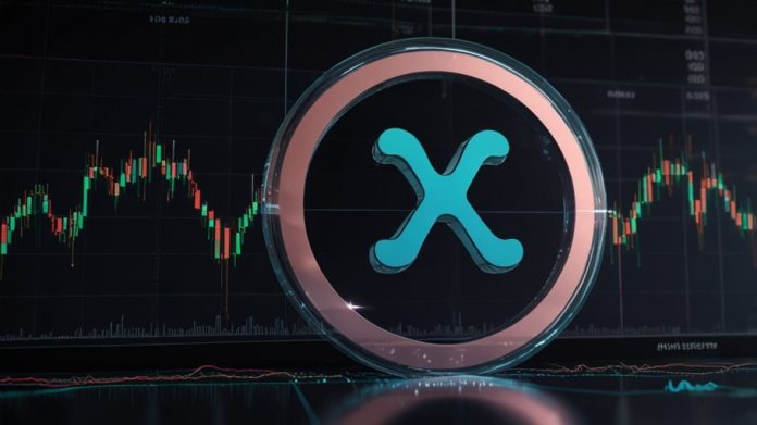 A digital chart showing XRP’s price rise to $2.20 in June 2025, with a green trend line and increased trading volume.