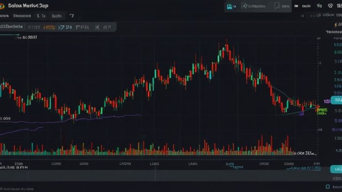 A digital chart displaying Solana’s price surge to $157.00 in June 2025, with a green upward trend line and trading volume spikes.