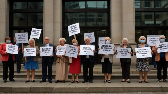 A crowd of low-income families and pensioners holding signs outside a DWP office, protesting the end of cost of living payments in 2025.