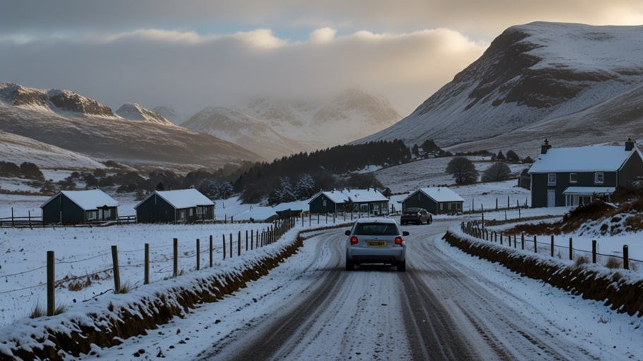 A snowy landscape in the Scottish Highlands with residents preparing for winter, as forecasted by the Met Office for November 2025.