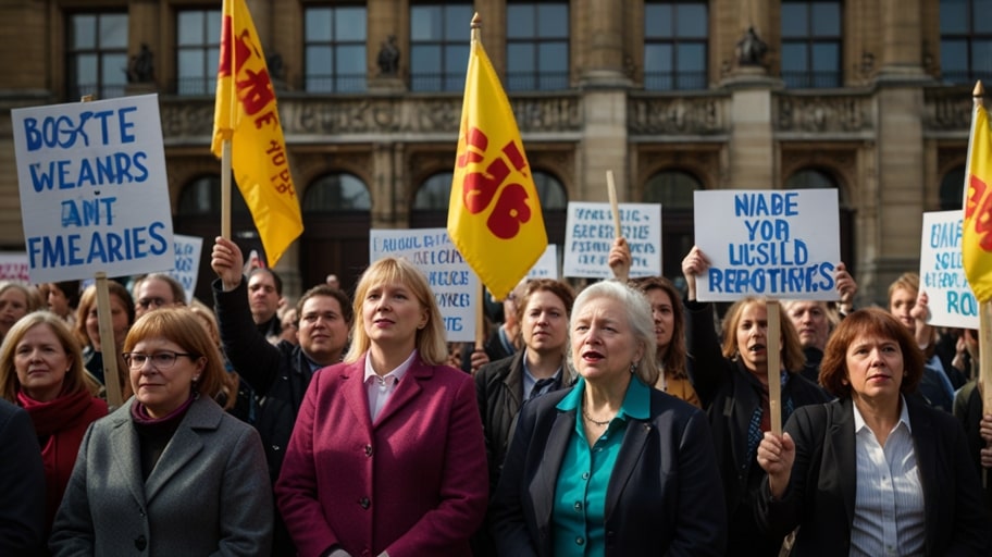 A group of disability rights activists holding signs and banners outside a government building, protesting against PIP benefit payment reforms.