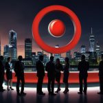 Vodafone Three logo displayed at a press conference in London, with executives and a digital screen showcasing the merger announcement.