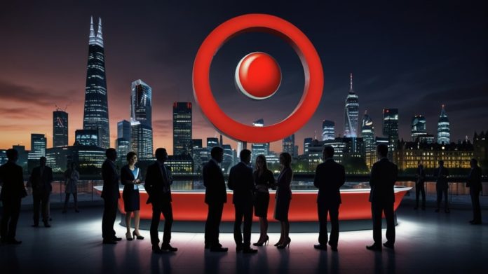 Vodafone Three logo displayed at a press conference in London, with executives and a digital screen showcasing the merger announcement.