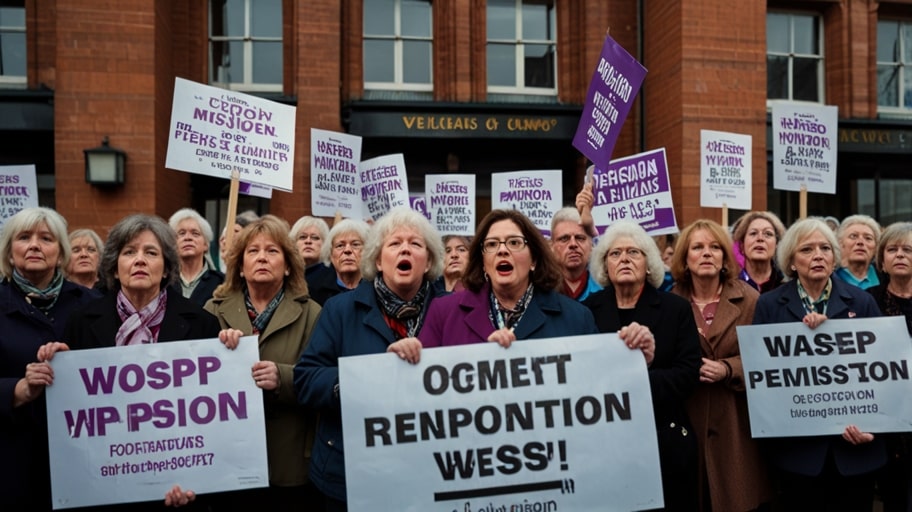 A group of women holding banners and placards at a WASPI rally outside a government building, advocating for state pension age compensation.