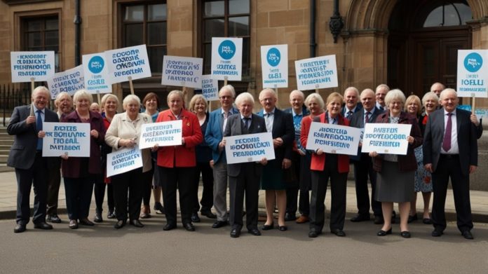 A group of pensioners holding banners outside a Scottish government building, celebrating the reinstatement of the universal Pension Age Winter Heating Payment in 2025.