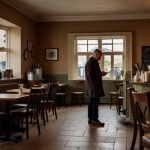 A cozy coffee shop in Uttoxeter with empty tables and a worried owner standing at the counter, reflecting financial strain.