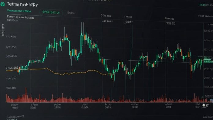 A digital chart showing Tether’s steady $1.00 price with minimal fluctuations, set against a sleek financial-themed background.