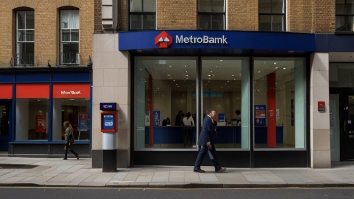 A modern Metro Bank branch with a brightly lit storefront, featuring large glass windows and the bank’s logo prominently displayed, located on a busy London street.