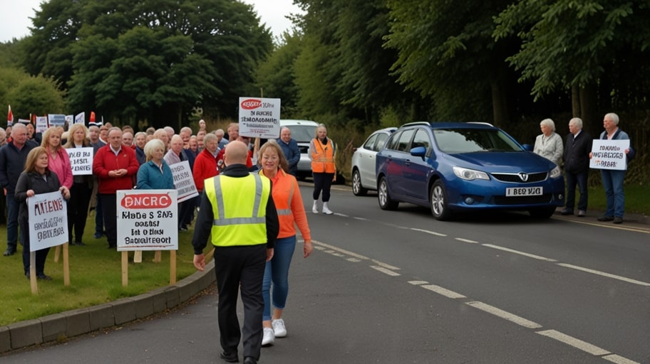 A group of residents holding signs at a roadside rally in Wrexham, advocating for and against the reversion of 20mph speed limits to 30mph.