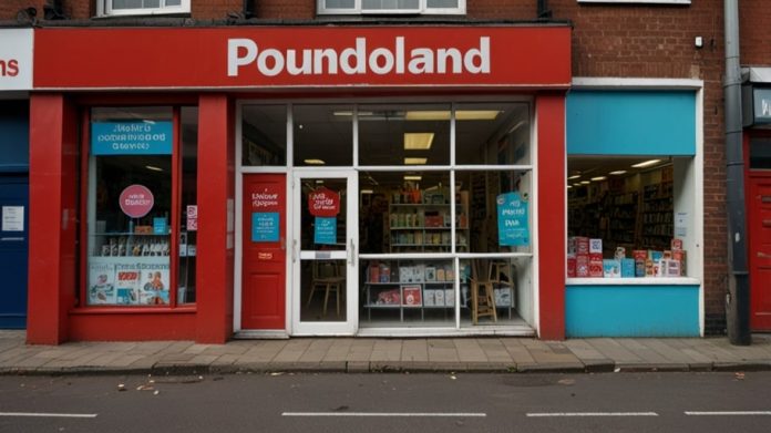 A Poundland store with a red and white sign, glass windows displaying budget products, and a 