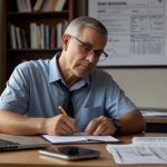 A person fills out a 2021 tax return form to claim the $1,400 stimulus check at a desk with IRS documents.