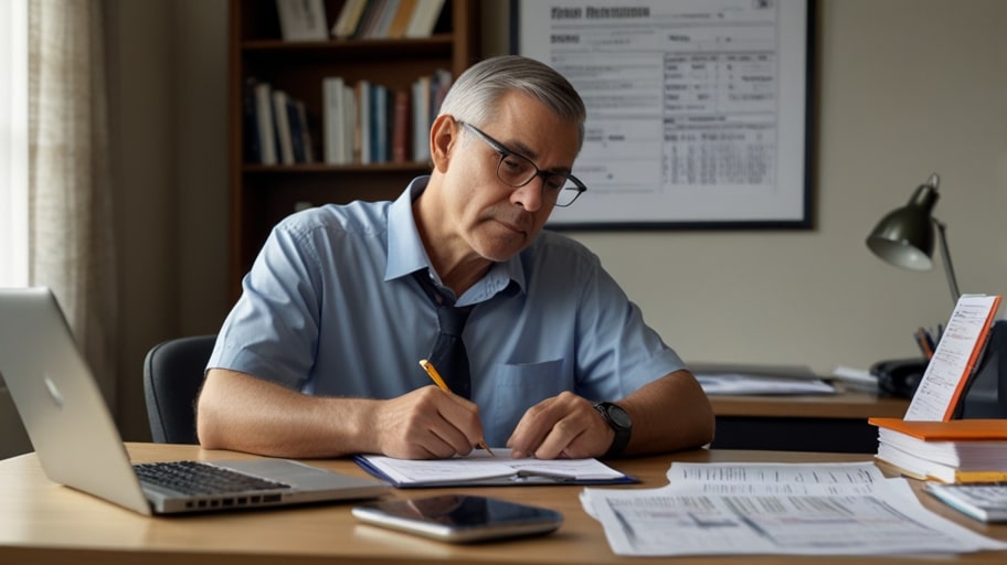 A person fills out a 2021 tax return form to claim the $1,400 stimulus check at a desk with IRS documents.