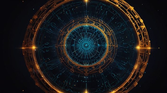 A digital illustration of the Cardano blockchain network, featuring interconnected nodes and the ADA logo in vibrant blue and green hues against a dark background.