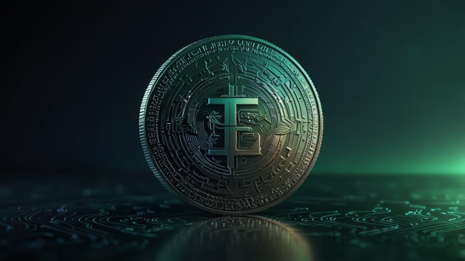 A vibrant digital illustration of the Tether (USDT) logo, featuring a sleek, metallic coin with the USDT symbol, set against a futuristic blue and green gradient background with subtle blockchain patterns.