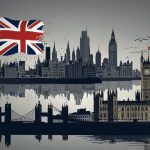 A graph depicting the UK’s economic growth forecast for 2025, with a downward trend line against a backdrop of industrial and financial symbols.