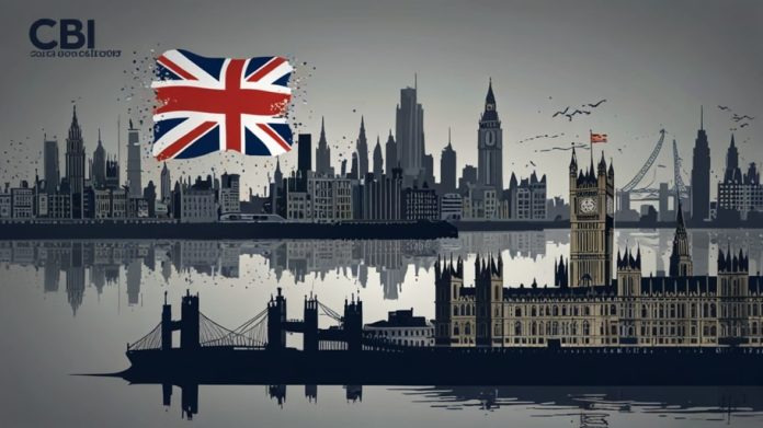 A graph depicting the UK’s economic growth forecast for 2025, with a downward trend line against a backdrop of industrial and financial symbols.
