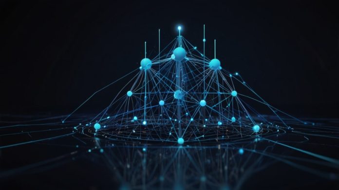 A digital illustration of the Stellar Lumens blockchain network, depicted as interconnected glowing nodes and lines in a futuristic blue and white color scheme, symbolizing cross-border payment efficiency.