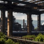Aerial view of Tata Steel’s Port Talbot facility with modern electric arc furnaces, surrounded by green fields under a clear sky, symbolizing sustainable steel production.