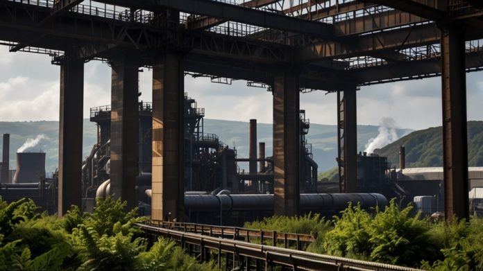 Aerial view of Tata Steel’s Port Talbot facility with modern electric arc furnaces, surrounded by green fields under a clear sky, symbolizing sustainable steel production.