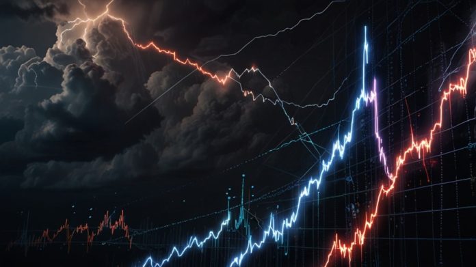 A dynamic digital illustration of a stormy market scene with Ethereum’s logo amidst cascading red arrows and volatile price charts, reflecting an 8.04% daily drop.