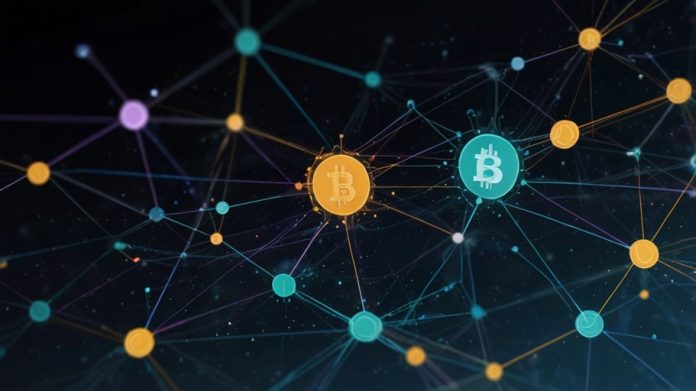 A vibrant digital illustration of the Stellar blockchain, featuring glowing nodes connected in a cosmic network with the XLM logo at the center.