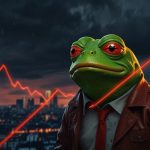 A digital illustration of a distressed Pepe the Frog character surrounded by falling red arrows and cryptocurrency charts, symbolizing the recent 12.62% price drop of Pepe Coin.