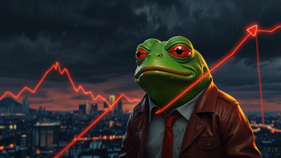 A digital illustration of a distressed Pepe the Frog character surrounded by falling red arrows and cryptocurrency charts, symbolizing the recent 12.62% price drop of Pepe Coin.