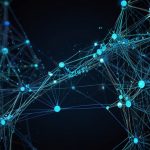 A digital illustration of the Cardano blockchain network, depicted as a glowing blue interconnected web of nodes and data streams, symbolizing its decentralized and scalable structure.