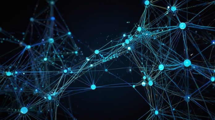 A digital illustration of the Cardano blockchain network, depicted as a glowing blue interconnected web of nodes and data streams, symbolizing its decentralized and scalable structure.