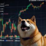A digital illustration of the Dogecoin logo, a Shiba Inu dog, surrounded by glowing green price charts and market data, symbolizing its recent market performance.