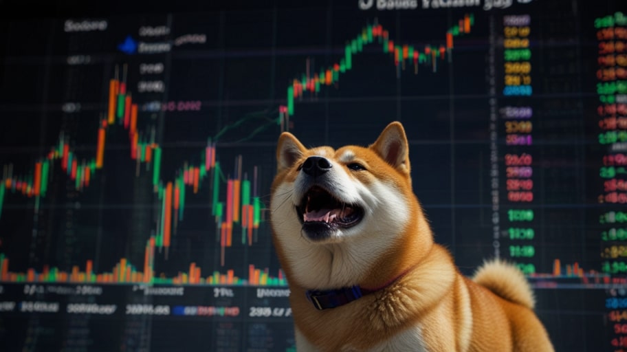A digital illustration of the Dogecoin logo, a Shiba Inu dog, surrounded by glowing green price charts and market data, symbolizing its recent market performance.