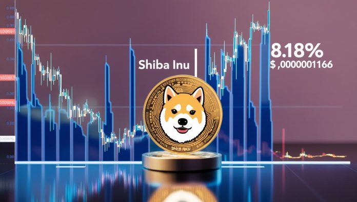 A vibrant line graph displaying Shiba Inu (SHIB) cryptocurrency’s 8.18% price surge to $0.00001166 over 24 hours, with a $6.87 billion market cap. The chart highlights trading volume spikes and token burn trends, set against a backdrop of crypto market data.