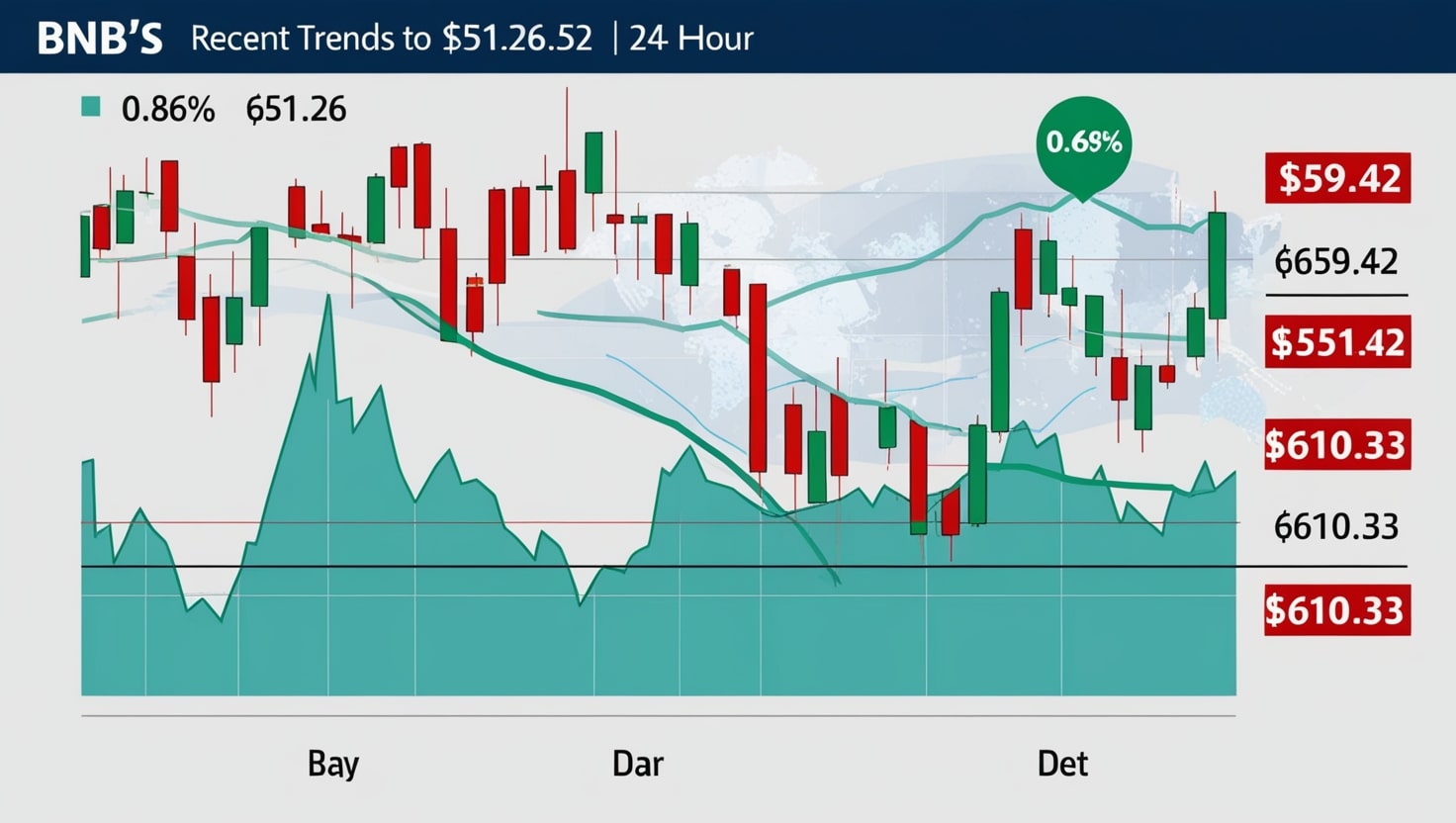Line chart showing BNB’s price movement over the past week, with a slight dip to $651.26, set against a dark background with green and red candlesticks.